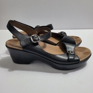 Dansko Black Leather Joanie Wedge Sandals